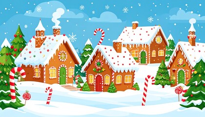 Cartoon gingerbread village covered in snow on a bright winter day