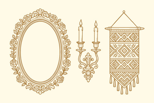 Vintage Decorative Home Decor Elements Set for Interior Design, Classic Wall Art and Elegant Branding, Antique Ornament Collection, vector illustration