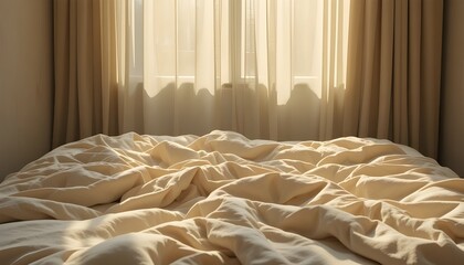 Soft morning sunlight spreading across a beige linen bed