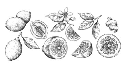 Lemon Composition: A detailed illustration showcasing fresh lemons, blossoms, and leaves. This artful composition celebrates the vibrant beauty and citrus aroma of the fruit.