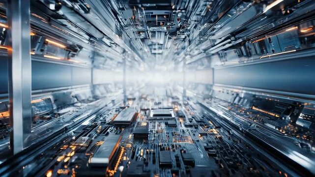 ideo journey inside a futuristic supercomputer, starting with a detailed, cold-lit view of AI circuits