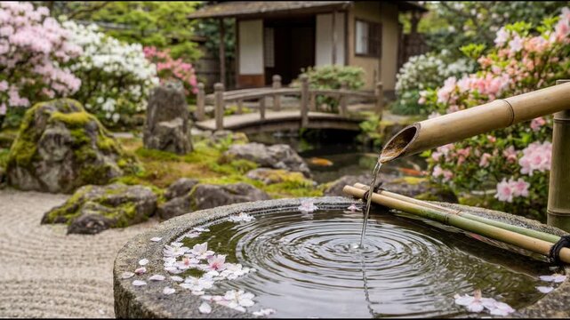 Tranquil Japanese garden featuring bamboo water fountain, ripples in pond, and blooming flowers. Concept of serenity, nature, and peaceful retreat. Suitable for articles on gardening and relaxation.