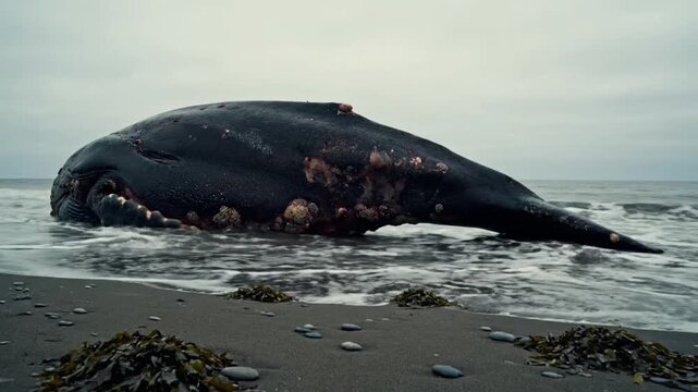 A massive, dark-skinned marine mammal rests prominently on a desolate, dark pebbled beach, partially submerged by the gentle ebb and flow of ocean waves. The powerful yet vulnerable form of the creatu