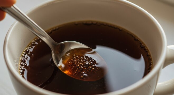 Close Up of a Spoon Stirring Dark Brown Coffee in a White Mug