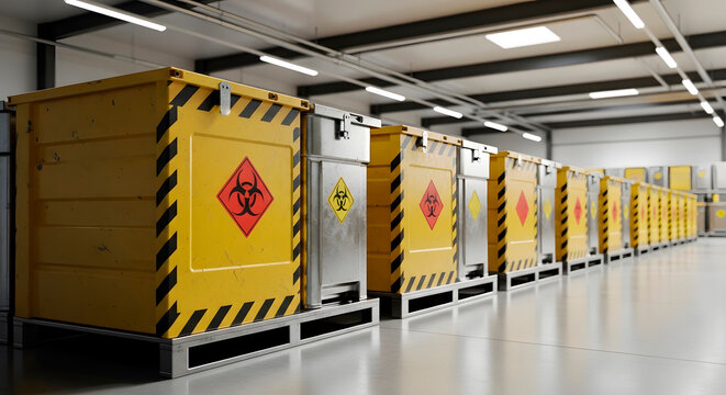 Long row of yellow and silver hazardous waste containers with biohazard and radioactive symbols in a warehouse. Storage of dangerous materials in industrial facility.