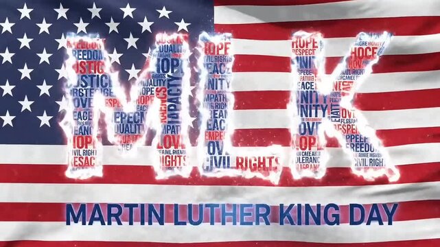 Martin Luther King Day concept animated typography design with American flag background expressing civil rights freedom equality justice unity hope democracy national holiday motion graphic