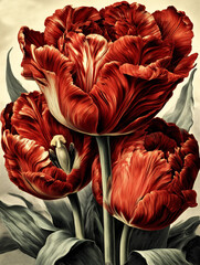 Beautiful striped red and white Dutch tulips, botanical illustration vintage style om natural background