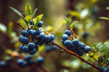 Fresh blueberries clustered on a branch with a natural woodland backdrop