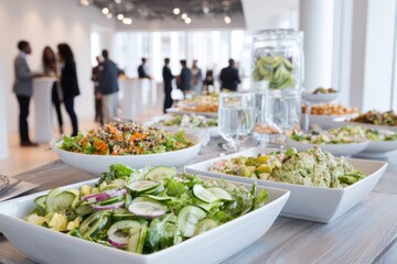 Fresh greens and colorful salads showcased for a business networking reception