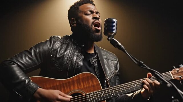 A passionate musician of African descent intensely performs, singing with raw emotion into a classic retro microphone while expertly strumming an acoustic guitar. Dressed in a cool black leather jacke