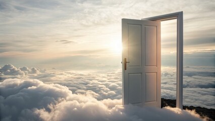 Offene T&uuml;r im Himmel &uuml;ber den Wolken mit warmem Sonnenlicht