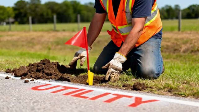 Medium shot of a worker using colored flags to mark underground utility lines along a grassy roadside for safe excavation.