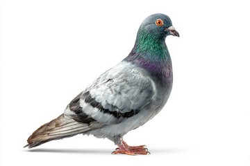 Full-body studio portrait of a racing pigeon on a pristine white background