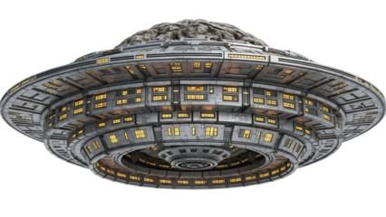 Gray U F O with yellow windows isolated on a transparent background spaceship alien ship metallic