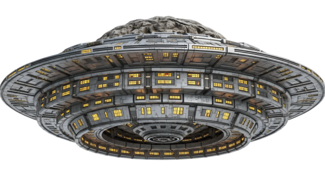Gray U F O with yellow windows isolated on a transparent background spaceship alien ship metallic - Powered by Adobe