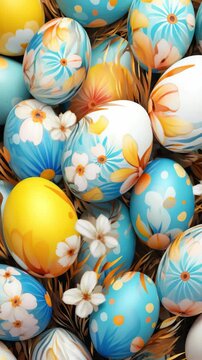 A collection of colorful painted Easter chicks with floral designs.