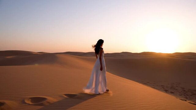 A person in a flowing white dress walks gracefully across vast, undulating sand dunes, silhouetted against a breathtaking golden sunset. The warm, soft light bathes the entire desert landscape, creati