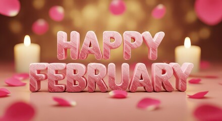 Happy february text with candles and rose petals on pink background