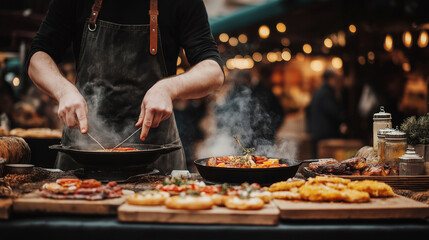 Chef cooking fresh food at an outdoor market with sizzling pans steam and rustic street food atmosphere