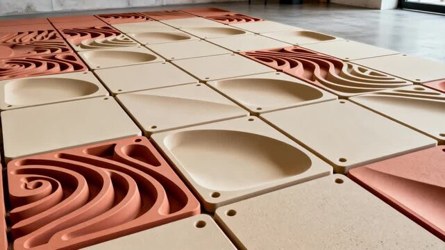 Detailed medium shot of an innovative 3D printed floor with modular components and soft curves blending artistic creativity with practical design.