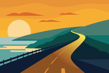 Sunset on a coastal road with a winding highway and ocean view