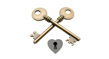 Two crossed golden keys with a heart shaped keyhole isolated on transparent background