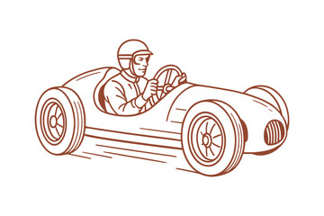 Vintage race car with American driver in motion for motorsport, automotive design and retro racing promotion. Vector illustration.