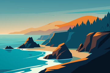 Stylized coastal landscape with mountains and ocean waves at sunset