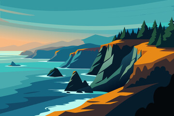 Dramatic coastal landscape with mountains and rocky outcrops at sunset