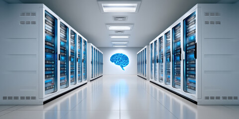 Secure futuristic data center room with glowing artificial intelligence brain showing smart tech