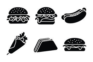 Fast food icons in black silhouette, showcasing burgers, hot dog, taco, and wrap for a modern culinary and cafe theme.