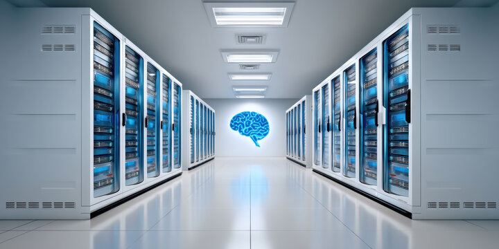 Secure futuristic data center room with glowing artificial intelligence brain showing smart tech - Powered by Adobe
