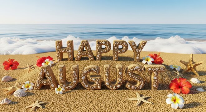 Happy august text on the beach with starfish and flowers in summer day - Powered by Adobe