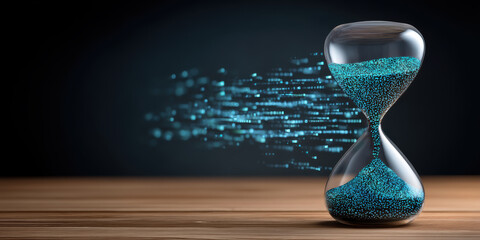Urgent hourglass leaking secure data stream showing digital transformation concept
