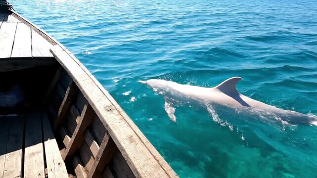 A beautiful white marine mammal, possibly a dolphin or a small whale, gracefully swims alongside a traditional wooden boat in crystal-clear, vibrant turquoise ocean waters. The scene is bathed in brig