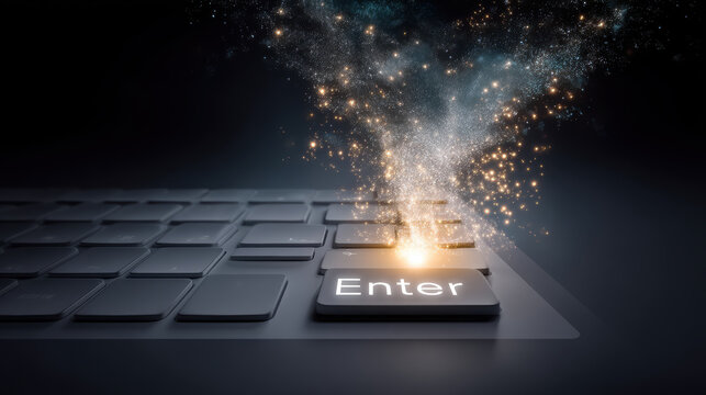 Glowing enter key releasing secure data sparks for cyber technology concept