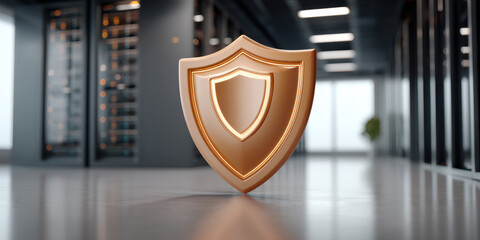 Golden shield symbol providing strong protection to secure data center