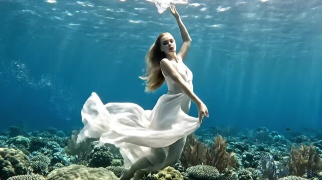 A beautiful woman gracefully floats and swims underwater, dressed in a flowing white gown. She extends her arm upwards towards the shimmering water surface, where ethereal light rays penetrate the cle