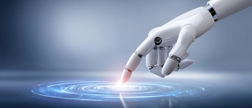 Futuristic robotic hand accessing secure data on blue digital interface - Powered by Adobe