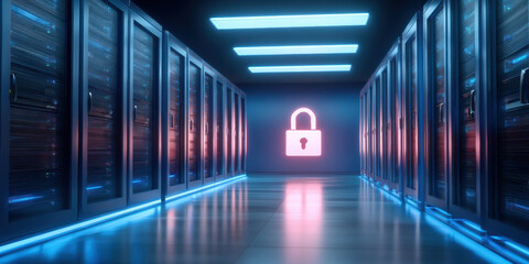 Digital padlock in modern server room guarding secure data infrastructure