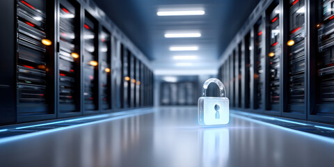 Secure data center server room featuring strong lock protection concept