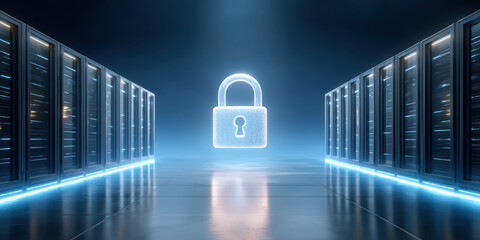 Secure data protection concept with glowing padlock inside modern server room corridor