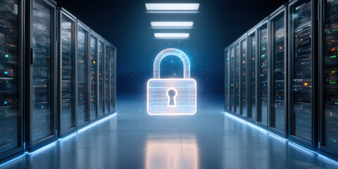 Confident secure data protection concept in futuristic blue server room