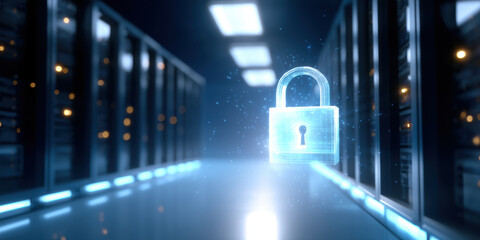 Digital padlock protection for secure data in futuristic server room