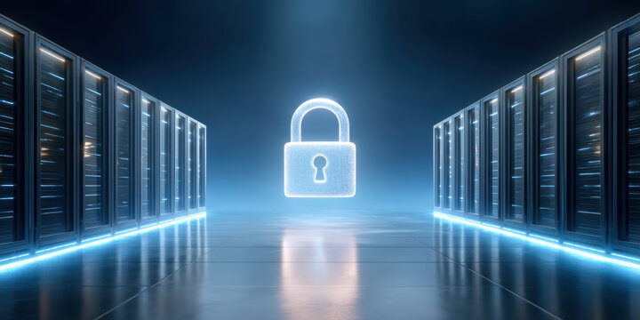 Secure data protection concept with glowing padlock inside modern server room corridor - Powered by Adobe