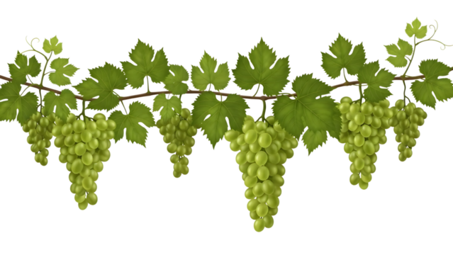 Green grapes hanging from vine with leaves isolated on a transparent background green leaves - Powered by Adobe