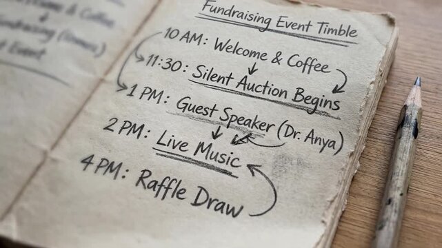 Fundraising event timetable brainstorming for nonprofits planning silent auction live music raffle draw and guest speaker to inspire community support