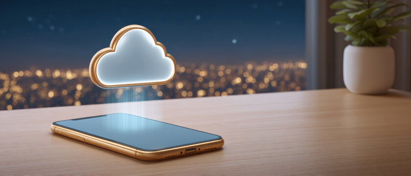 Futuristic cloud computing offering secure data storage on smartphone over night city - Powered by Adobe