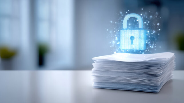 Secure data protection concept with glowing blue lock on white document stack for safety