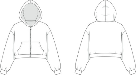 Women’s cropped zip up hoodie technical fashion illustration with hood front and back views © Arts Creative